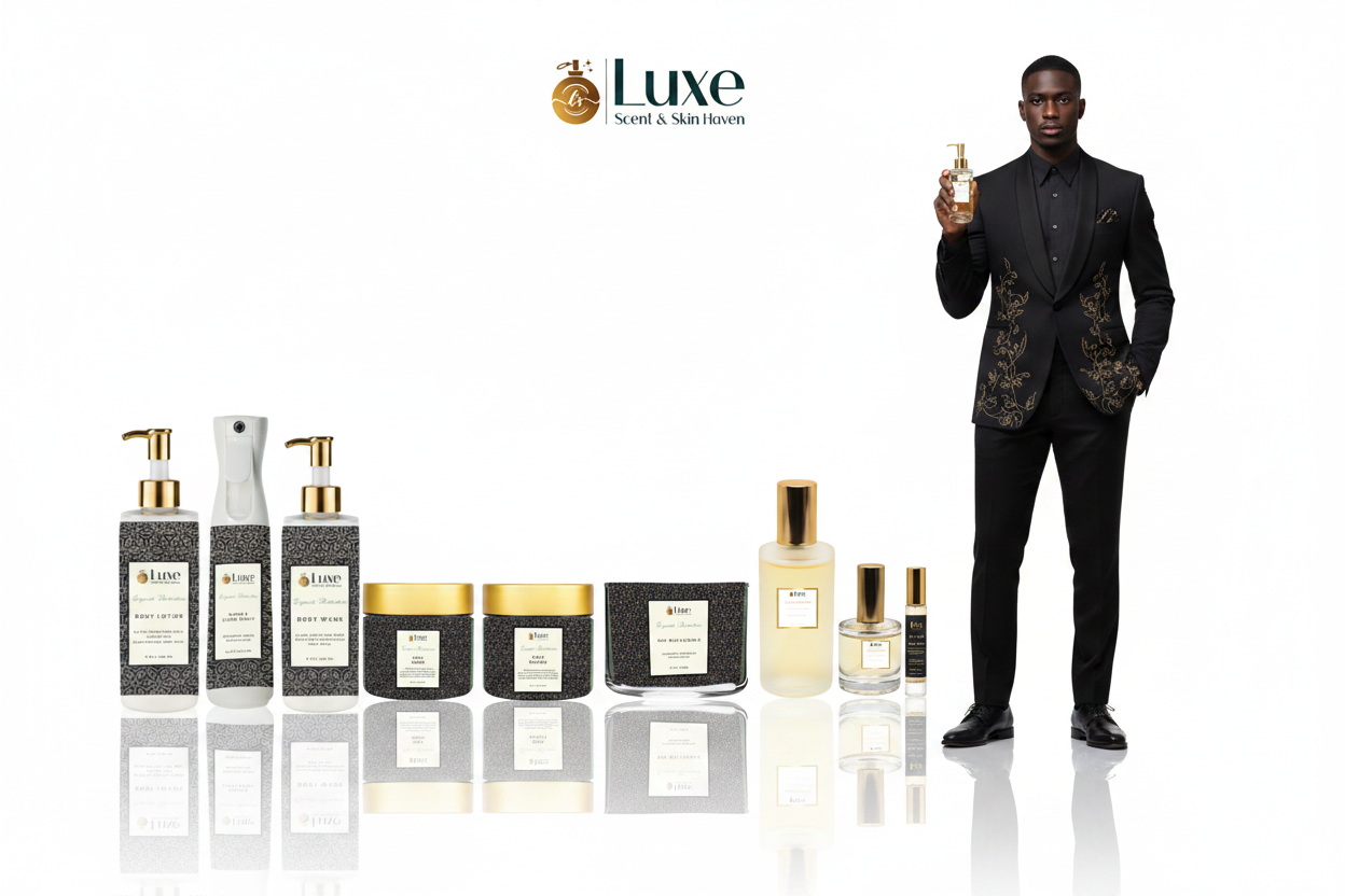 Exquisite Distinction — 8-Piece Lineup, Black Male Model Charcoal Black Gold Suit Right